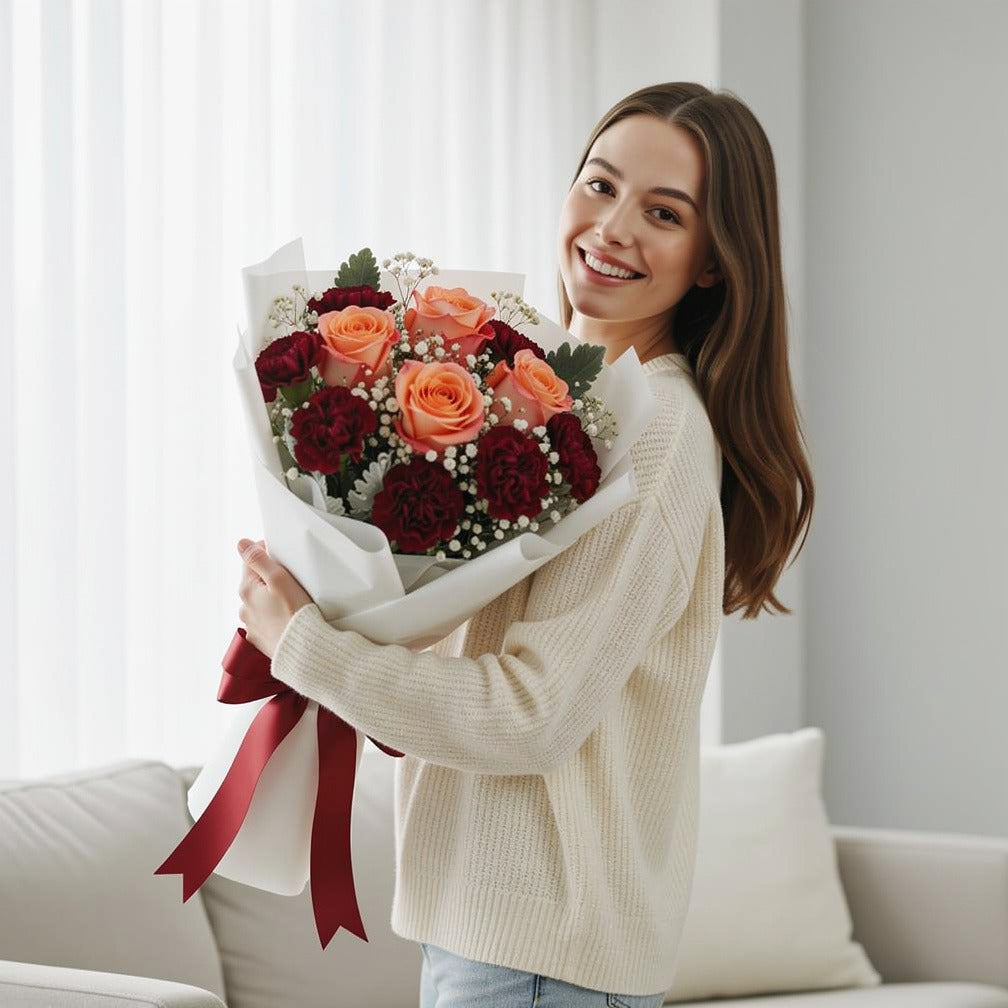 Peach Roses & Red Carnations Graduation Bouquet held by a model, view 1
