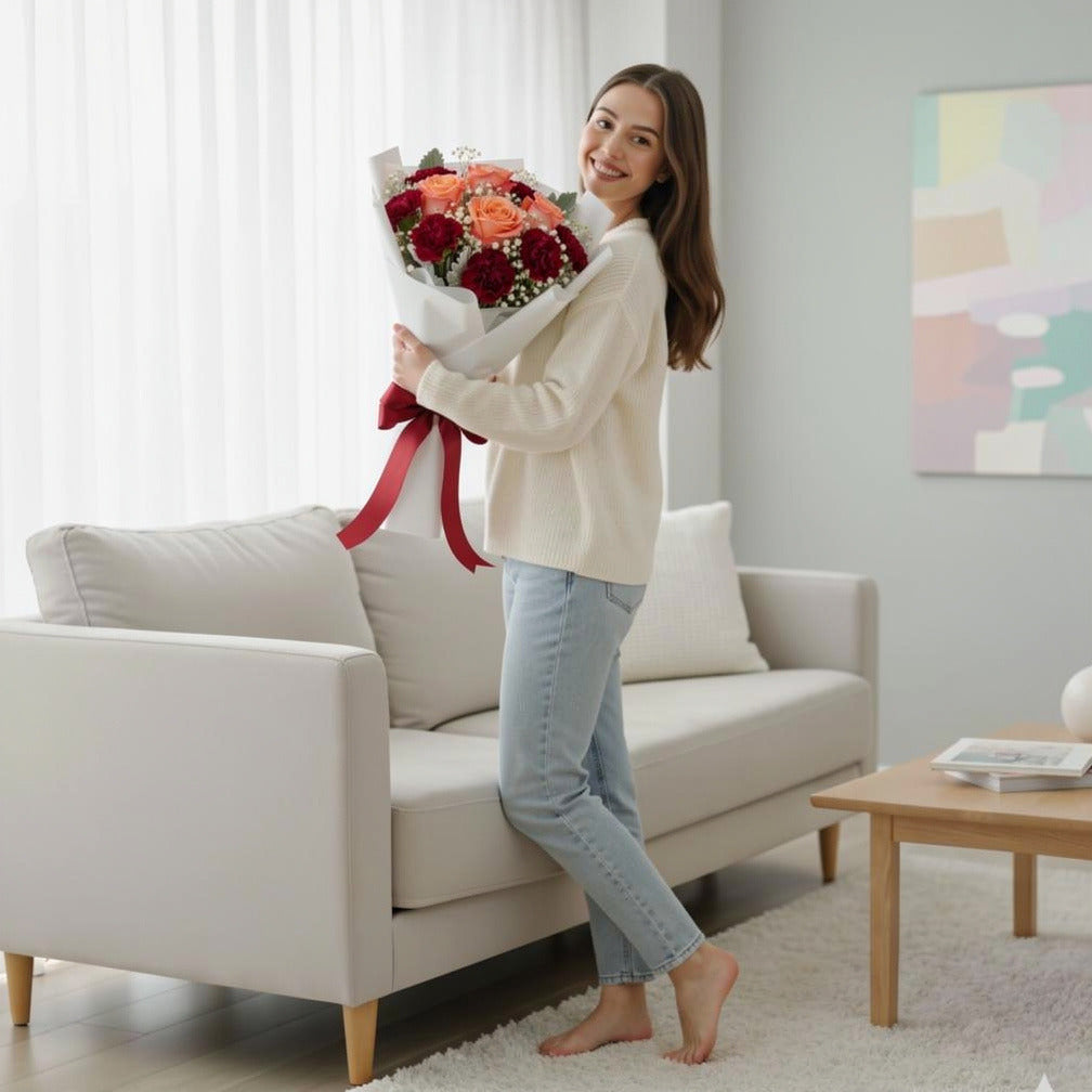 Peach Roses & Red Carnations Graduation Bouquet held by a model, view 2