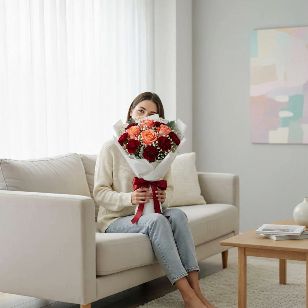 Peach Roses & Red Carnations Graduation Bouquet held by a model, view 3