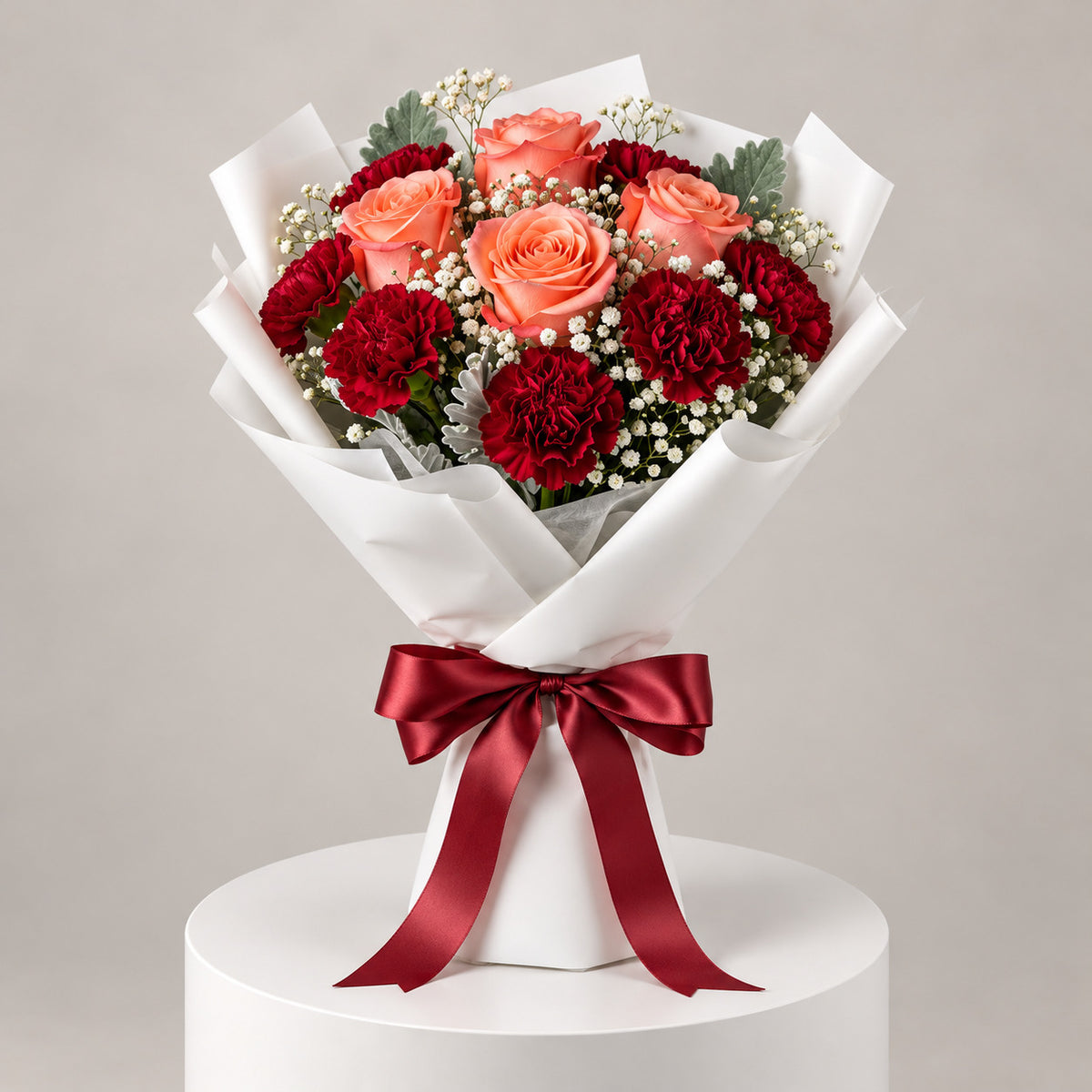 Peach Roses & Red Carnations Graduation Bouquet