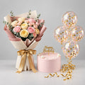 Pink Birthday Cake & Rose Bouquet with Confetti Balloons