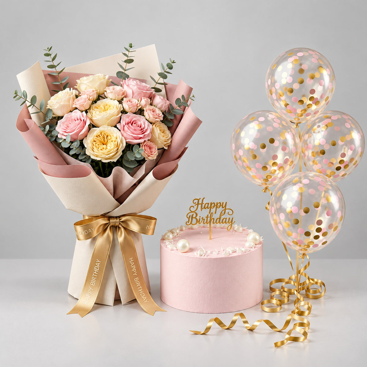 Pink Birthday Cake & Rose Bouquet with Confetti Balloons