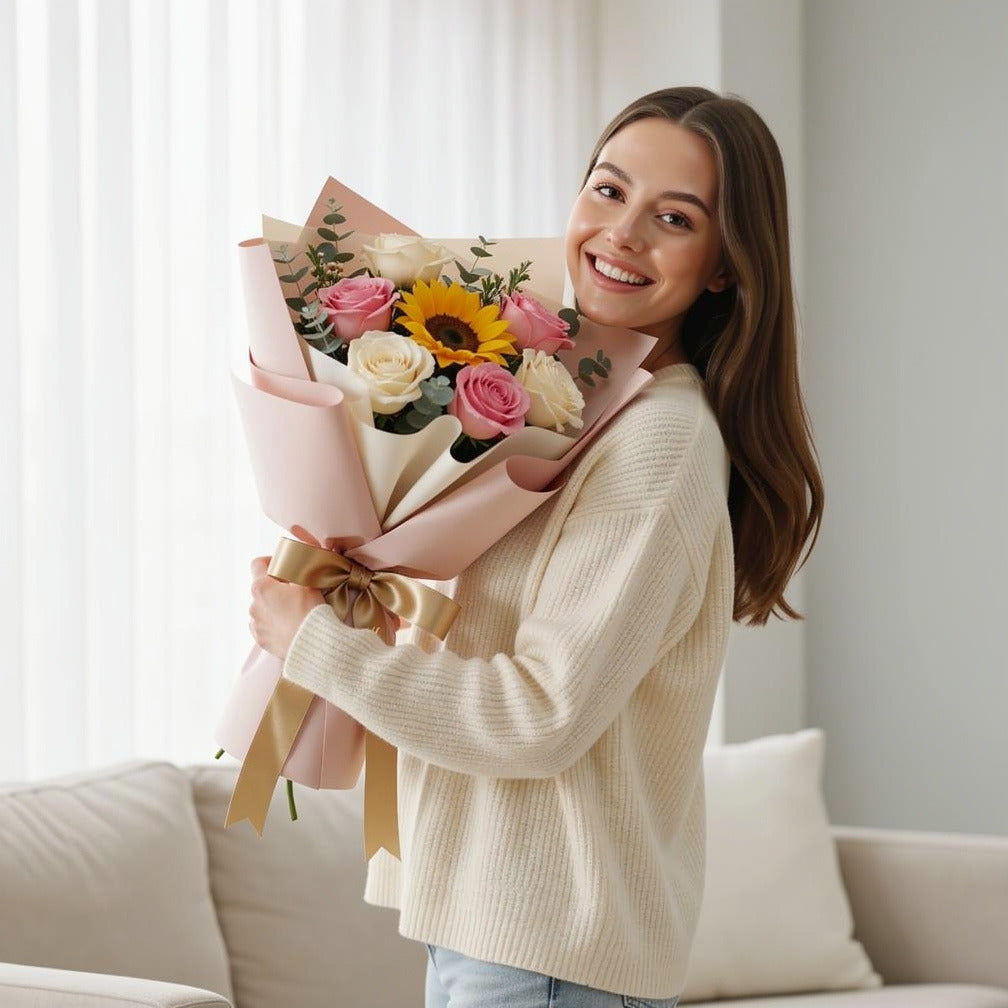 Pink Cake & Sunshine Bouquet Combo held by a model, view 1