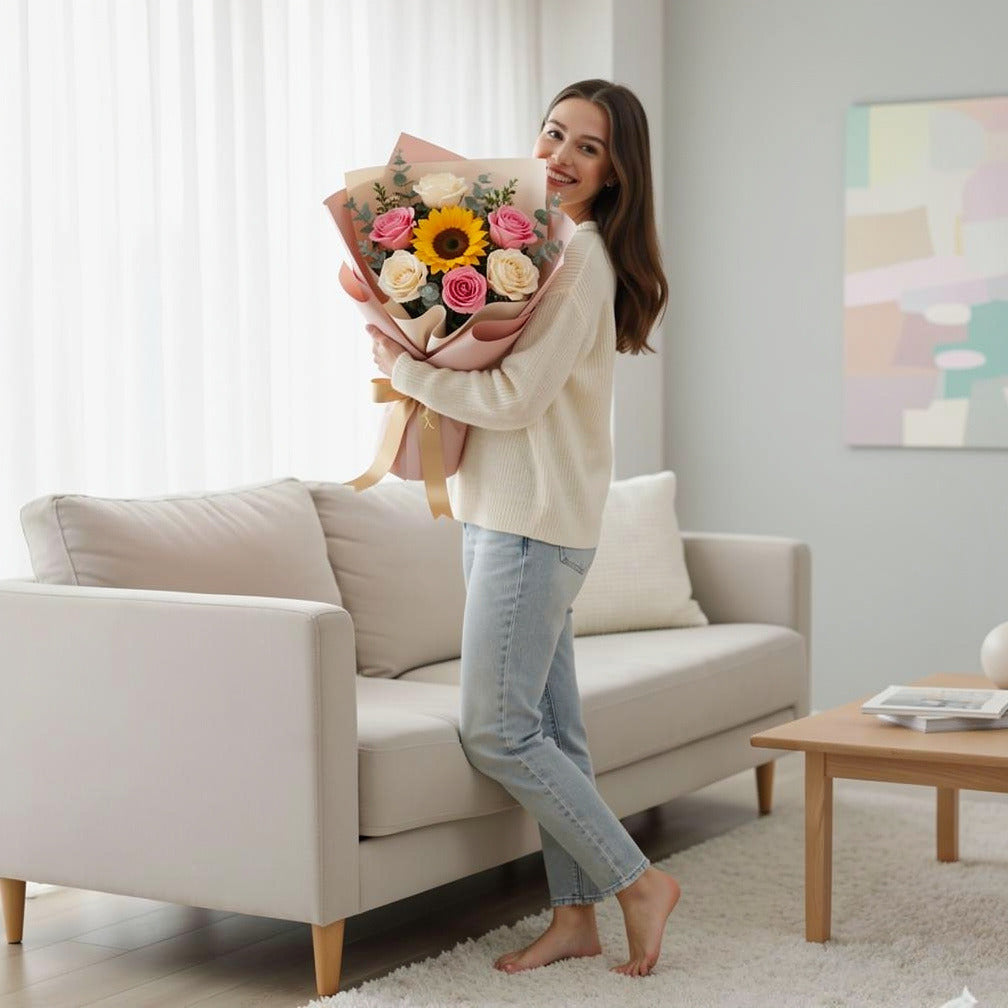 Pink Cake & Sunshine Bouquet Combo held by a model, view 2