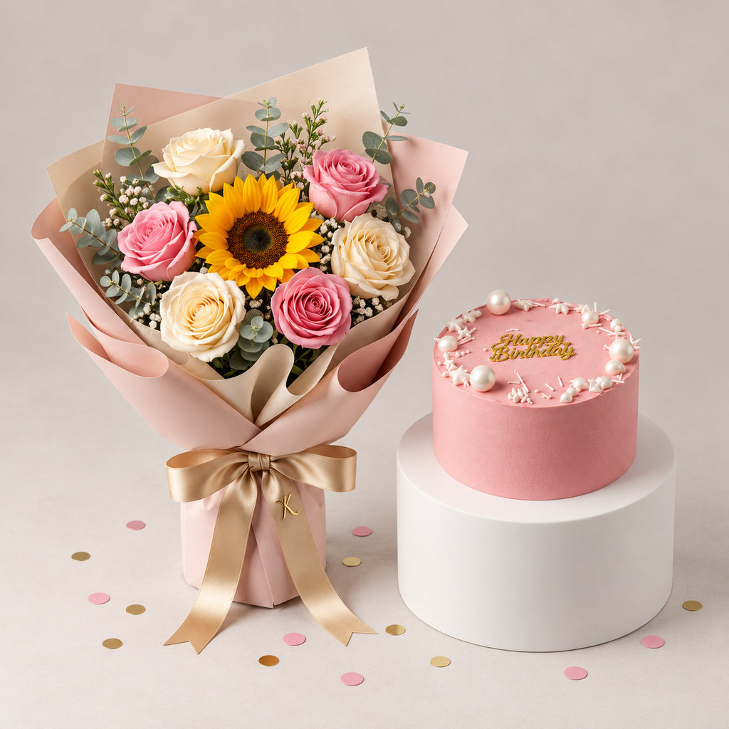 Pink Cake & Sunshine Bouquet Combo