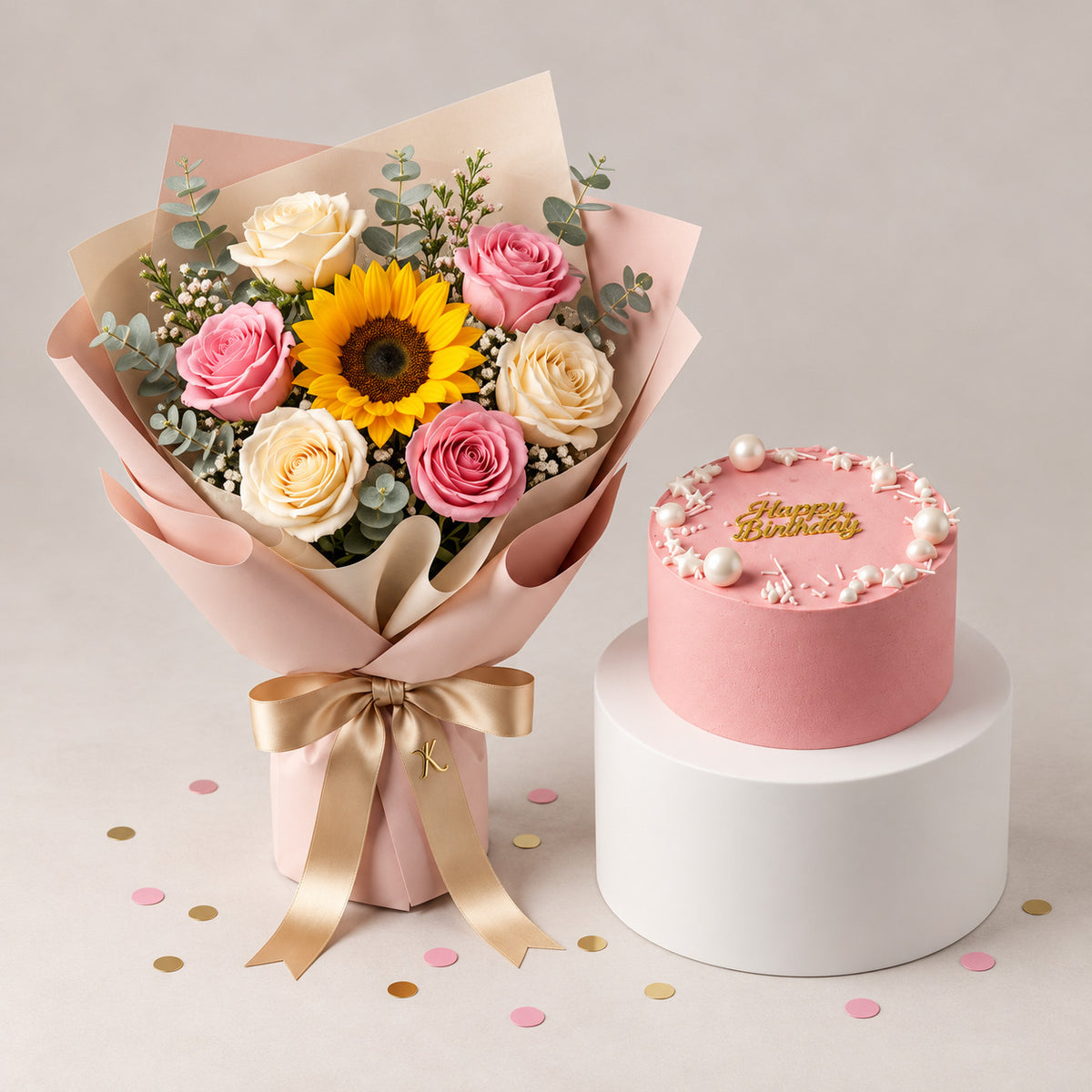 Pink Cake & Sunshine Bouquet Combo