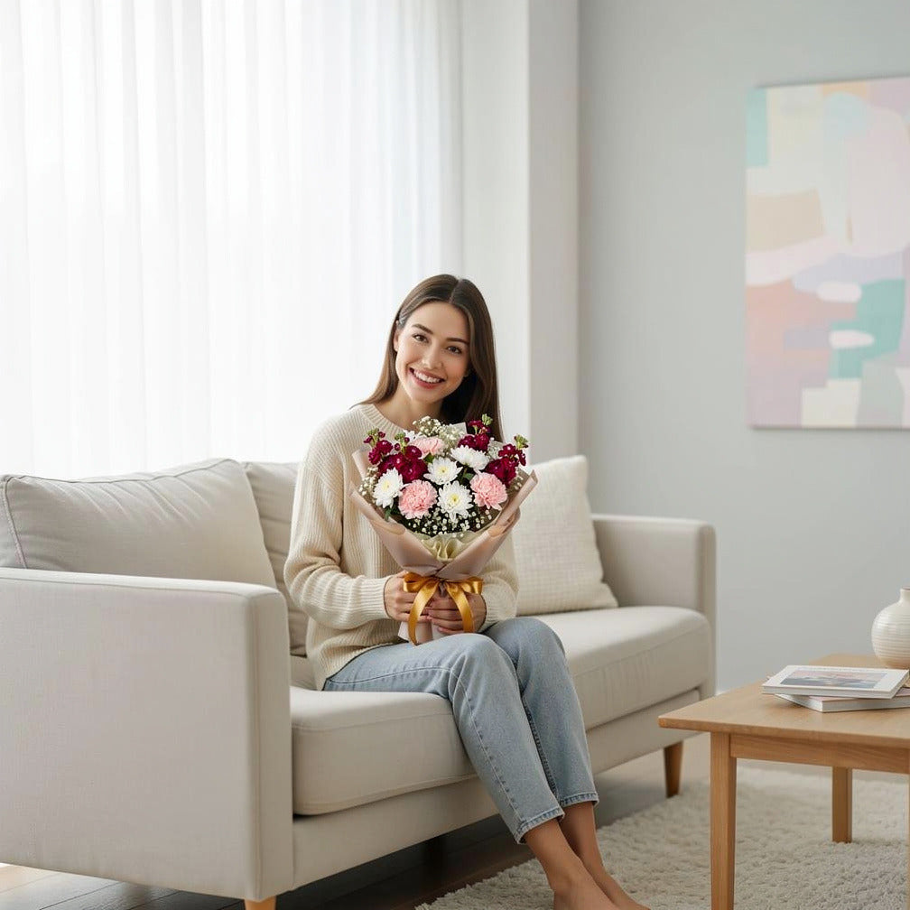 Pink Carnation, Matthiola & Chrysanthemum Bouquet for Anniversary held by a model, view 3