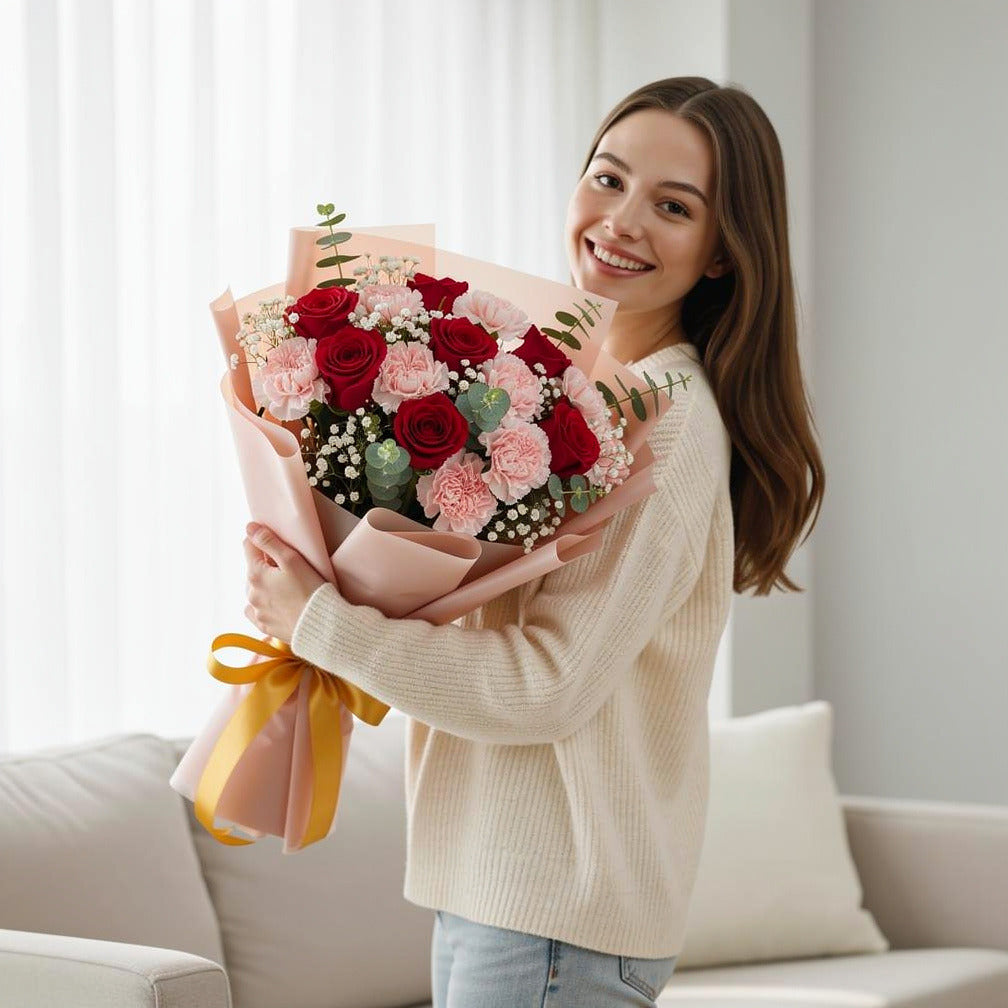 Pink Carnations & Red Roses Bouquet for Anniversary held by a model, view 1