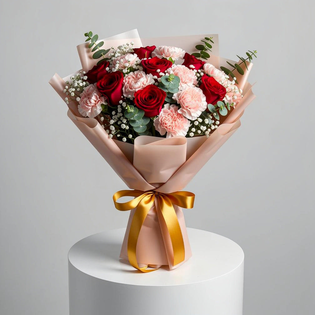 Pink Carnations & Red Roses Bouquet for Anniversary