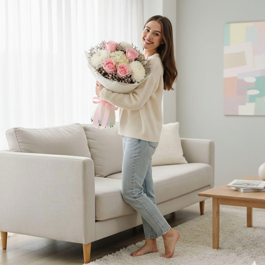 Pink Roses, Chrysanthemum & Hydrangea Bouquet for Anniversary held by a model, view 2