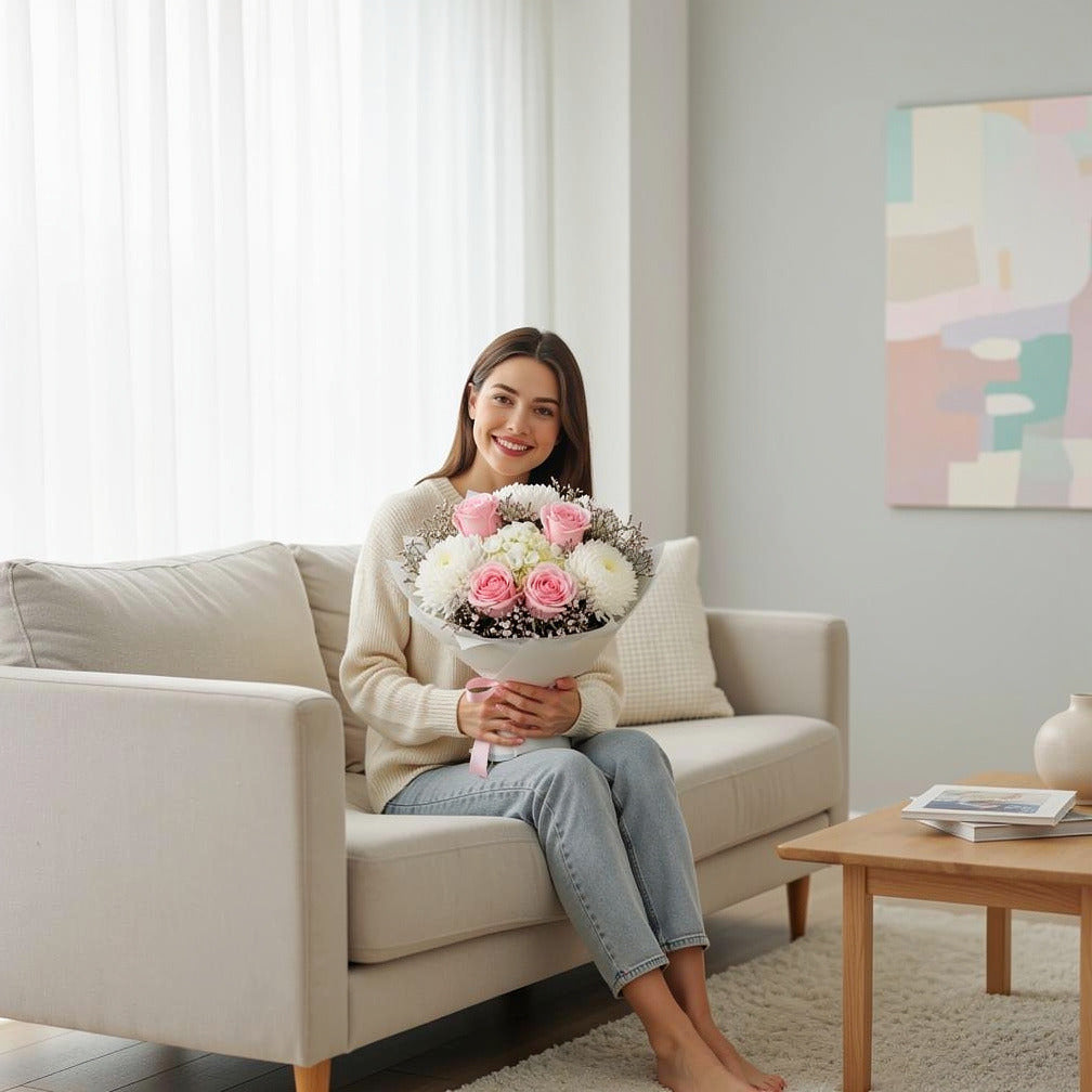 Pink Roses, Chrysanthemum & Hydrangea Bouquet for Anniversary held by a model, view 3