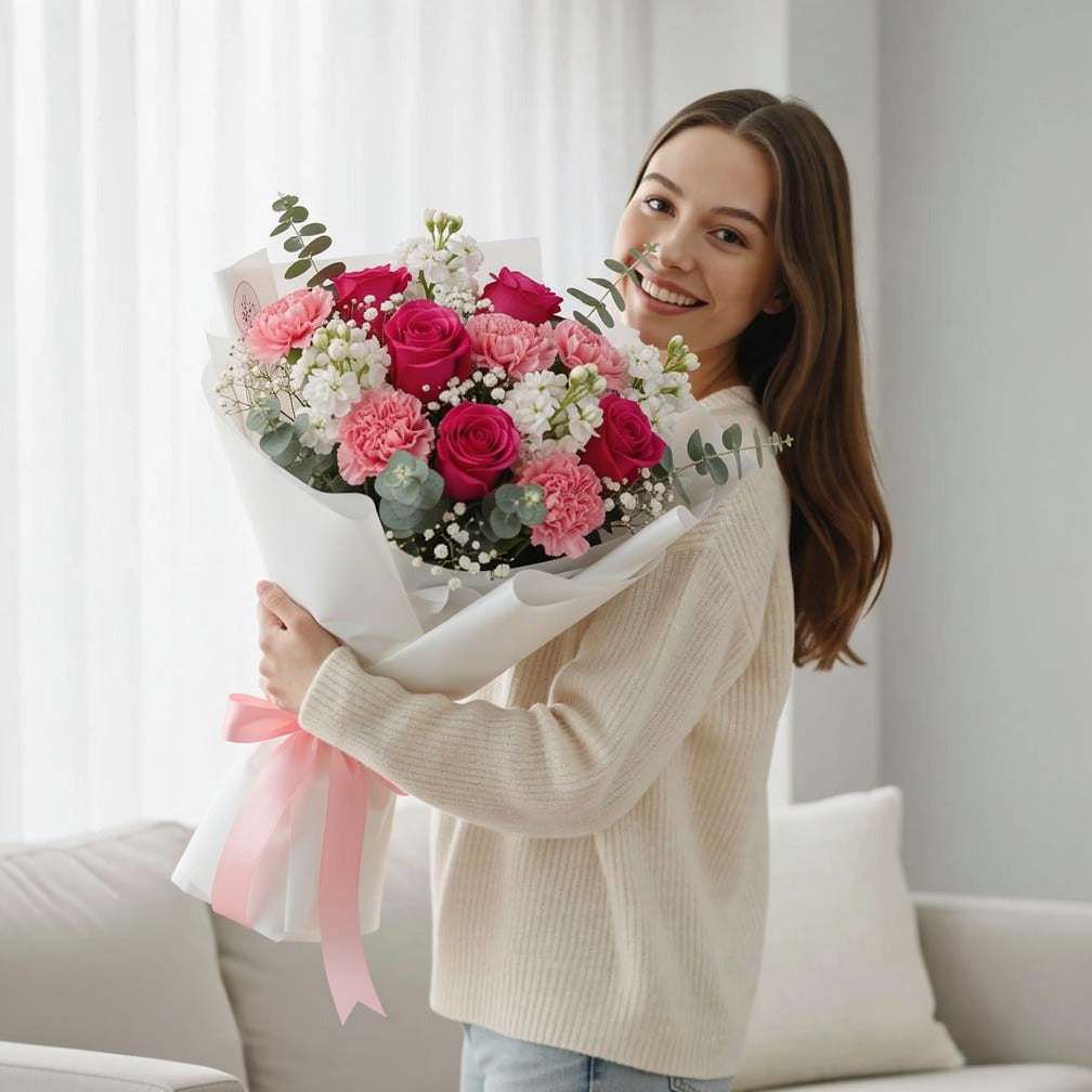 Pink Roses & Mixed Blooms Graduation Bouquet held by a model, view 1