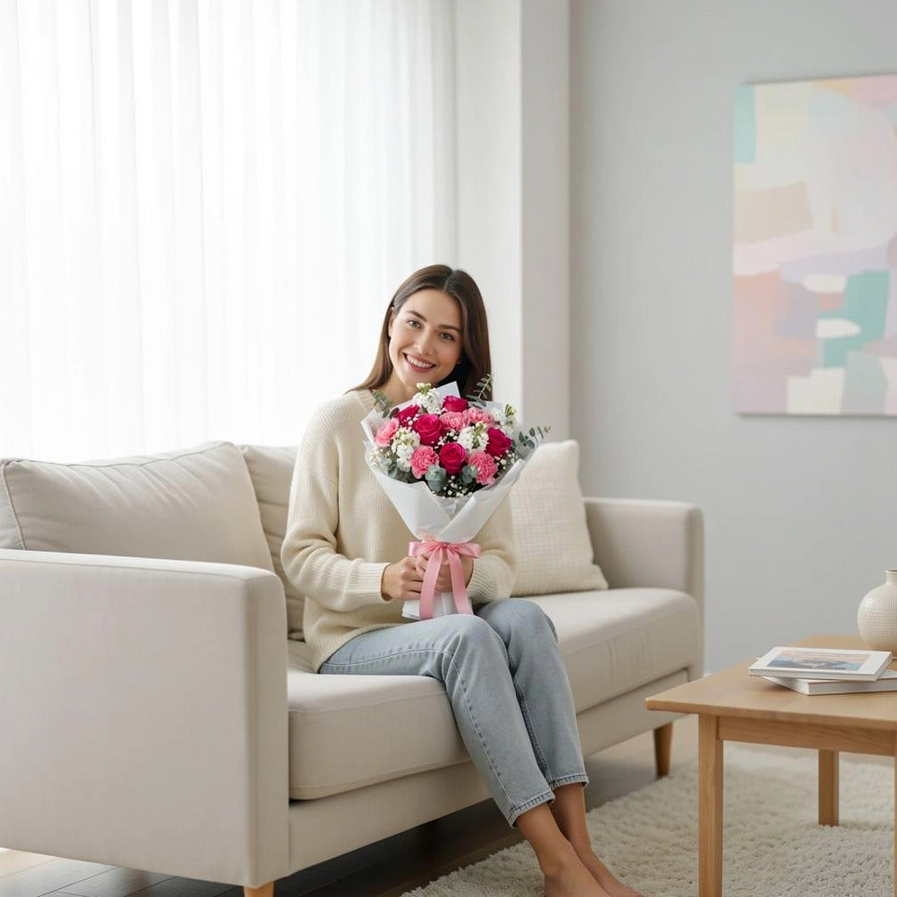 Pink Roses & Mixed Blooms Graduation Bouquet held by a model, view 3