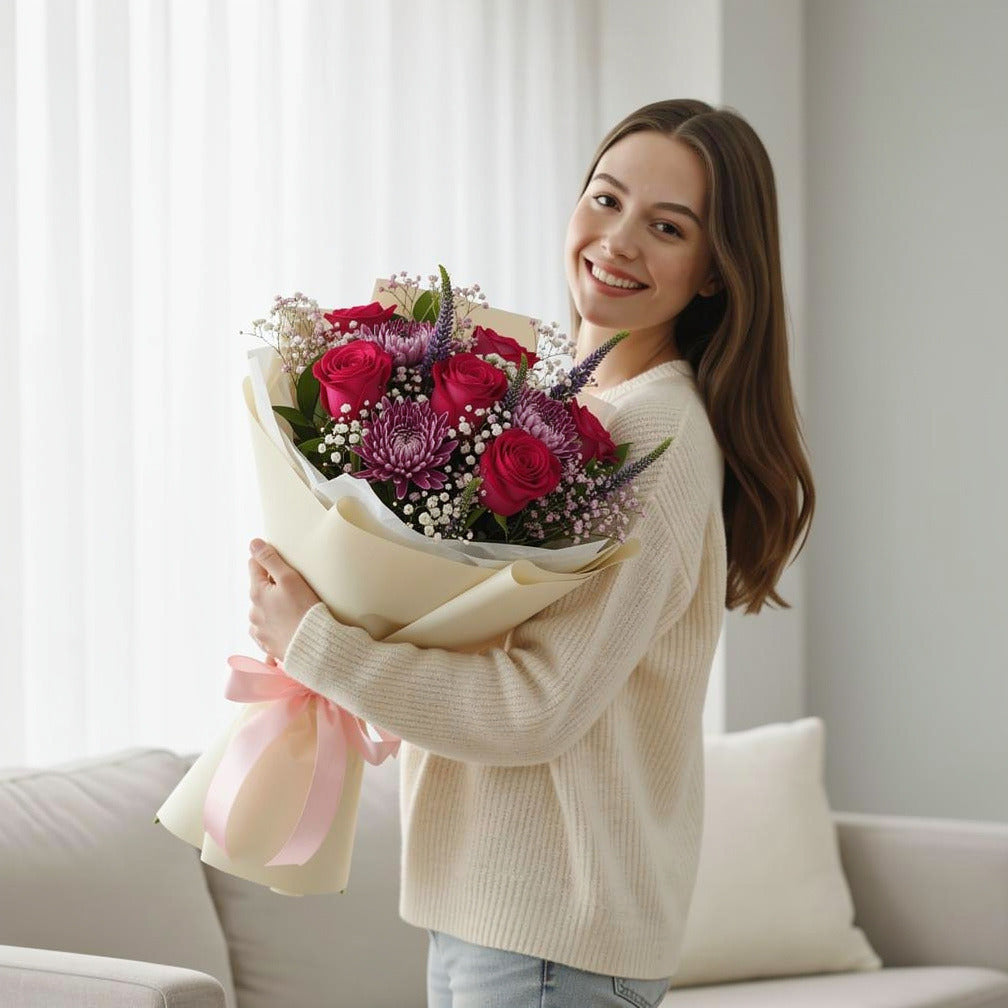 Pink Roses & Purple Chrysanthemum Success Bouquet held by a model, view 1