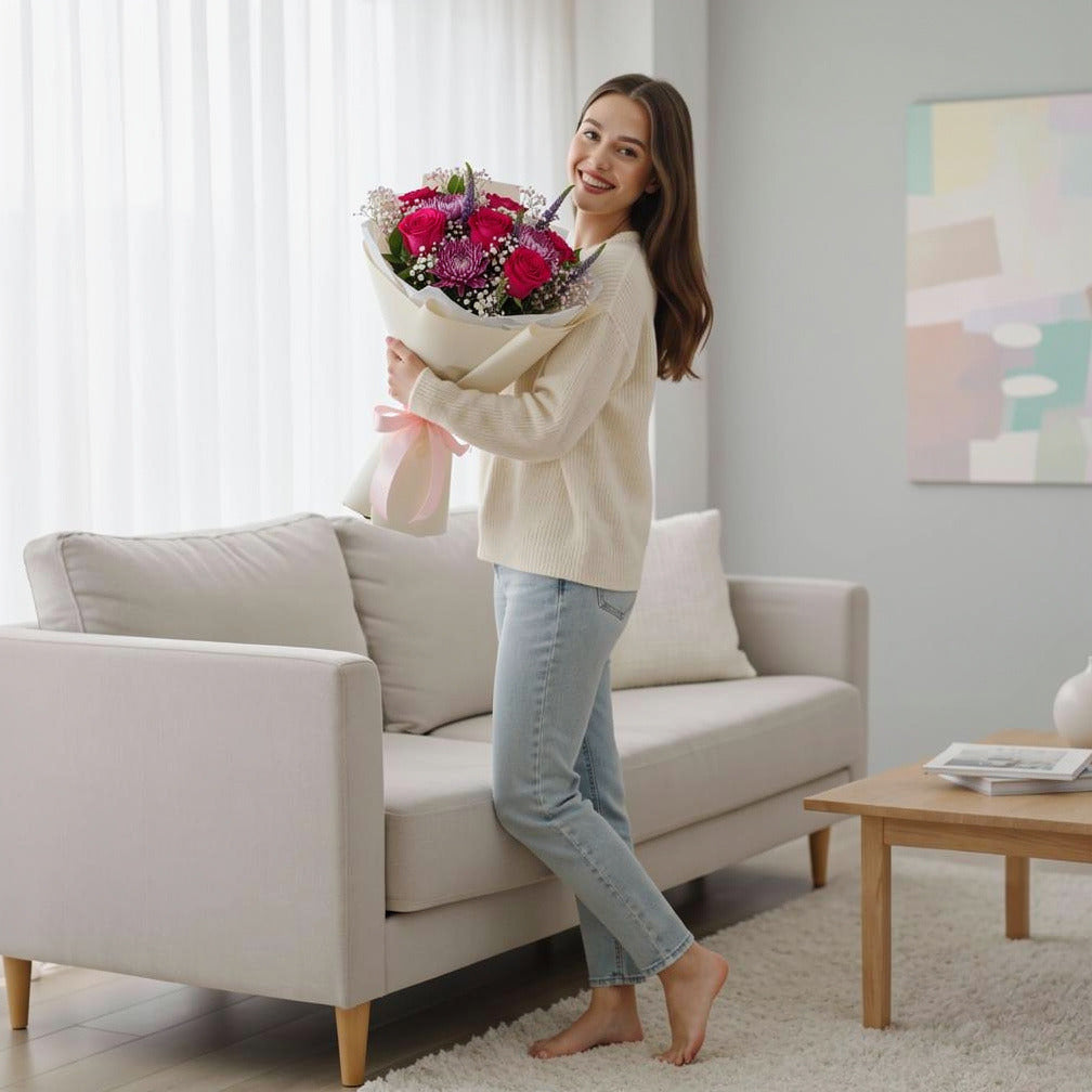 Pink Roses & Purple Chrysanthemum Success Bouquet held by a model, view 2