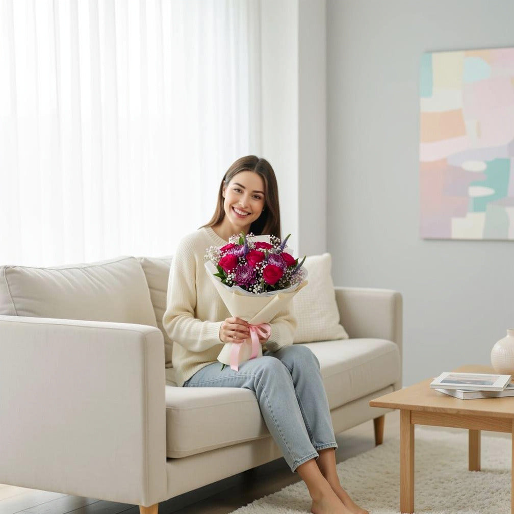 Pink Roses & Purple Chrysanthemum Success Bouquet held by a model, view 3