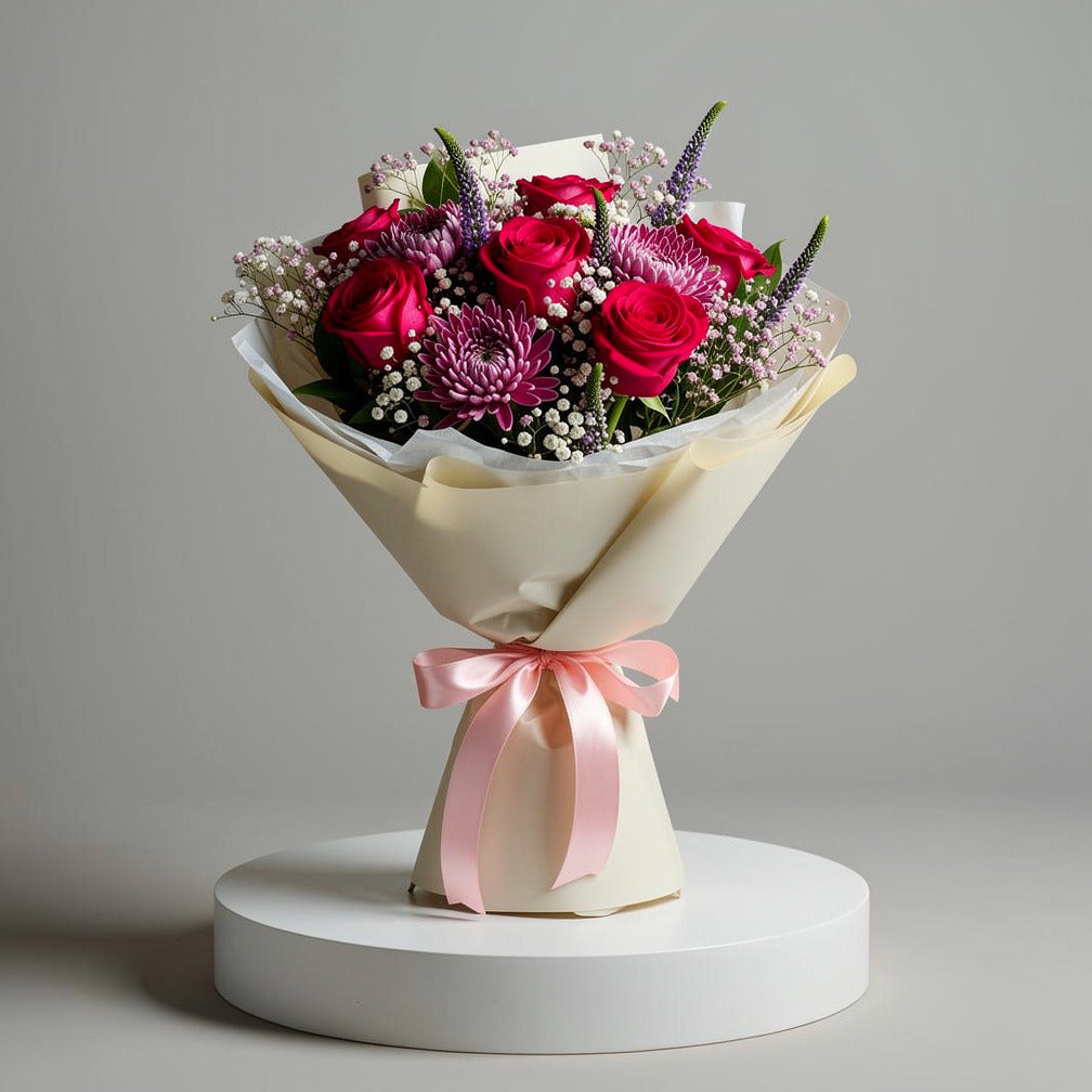 Pink Roses & Purple Chrysanthemum Success Bouquet