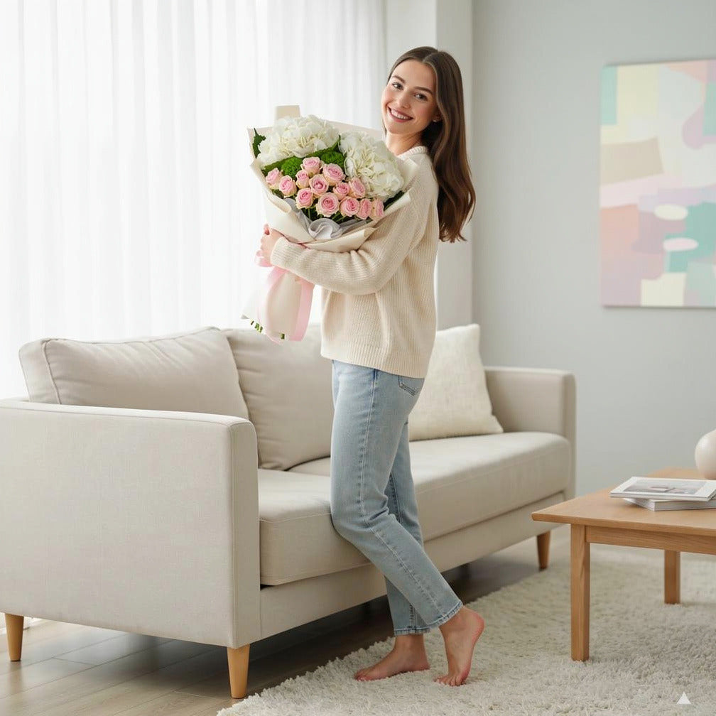 Pink Roses & White Hydrangea Bouquet for Birthday held by a model, view 2