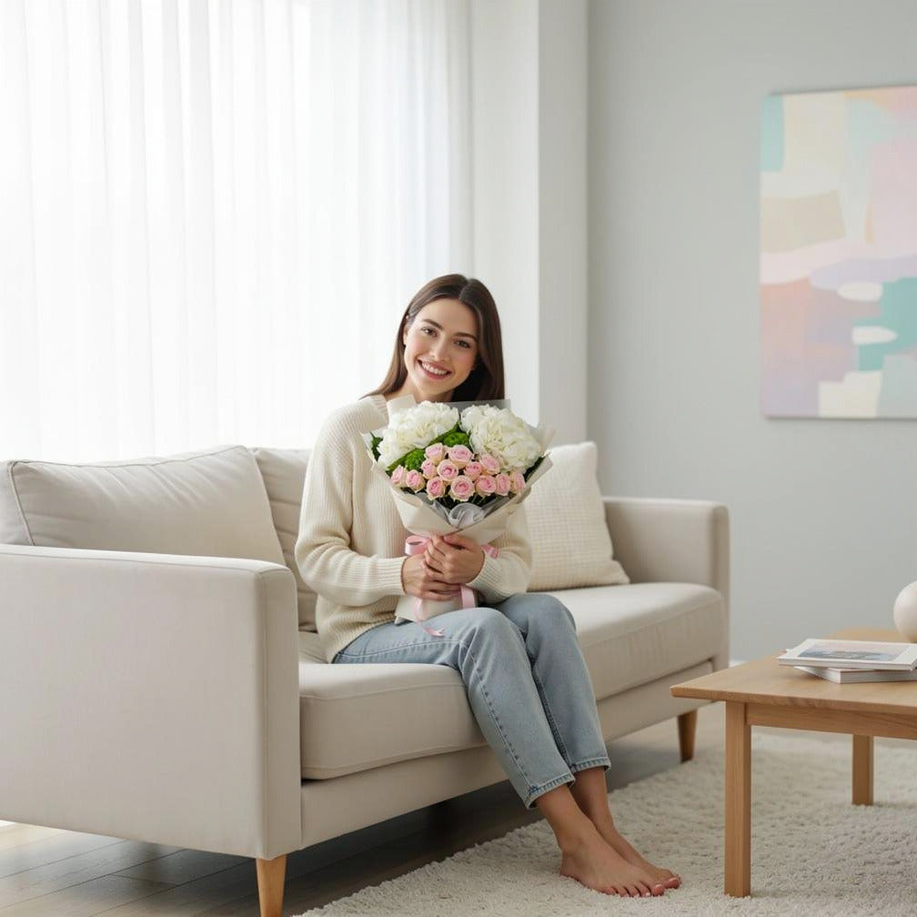 Pink Roses & White Hydrangea Bouquet for Birthday held by a model, view 3