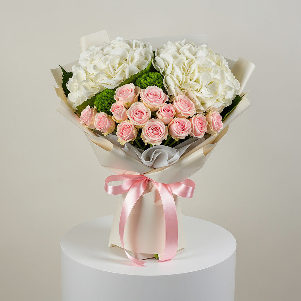 Pink Roses & White Hydrangea Bouquet for Birthday