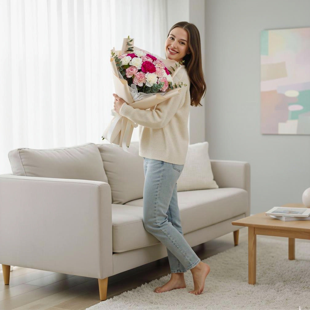 Pink & White Carnations Bouquet held by a model, view 2