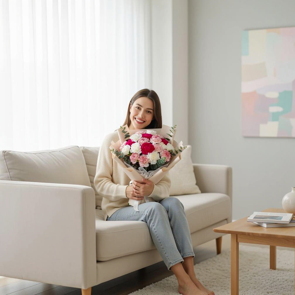 Pink & White Carnations Bouquet held by a model, view 3