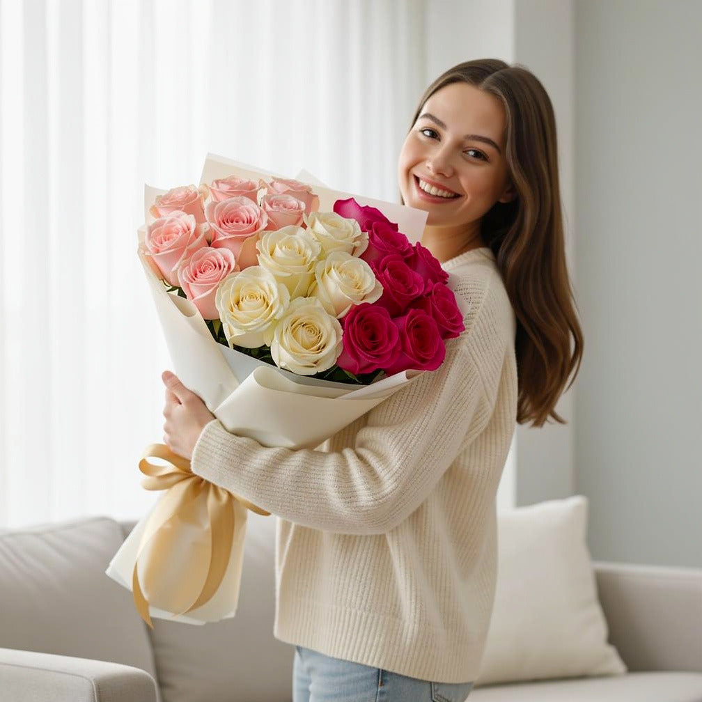 Pink & White Roses Graduation Bouquet held by a model, view 1