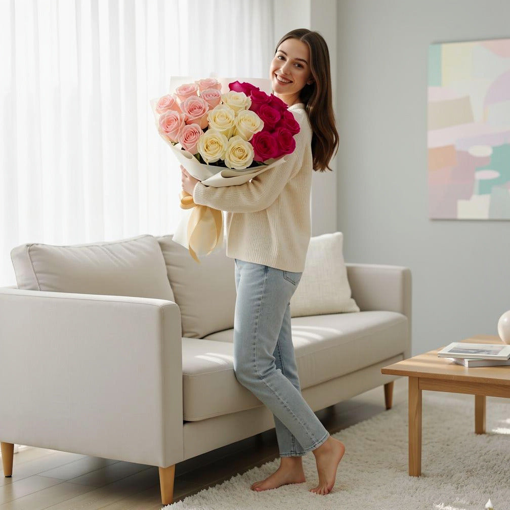 Pink & White Roses Graduation Bouquet held by a model, view 2