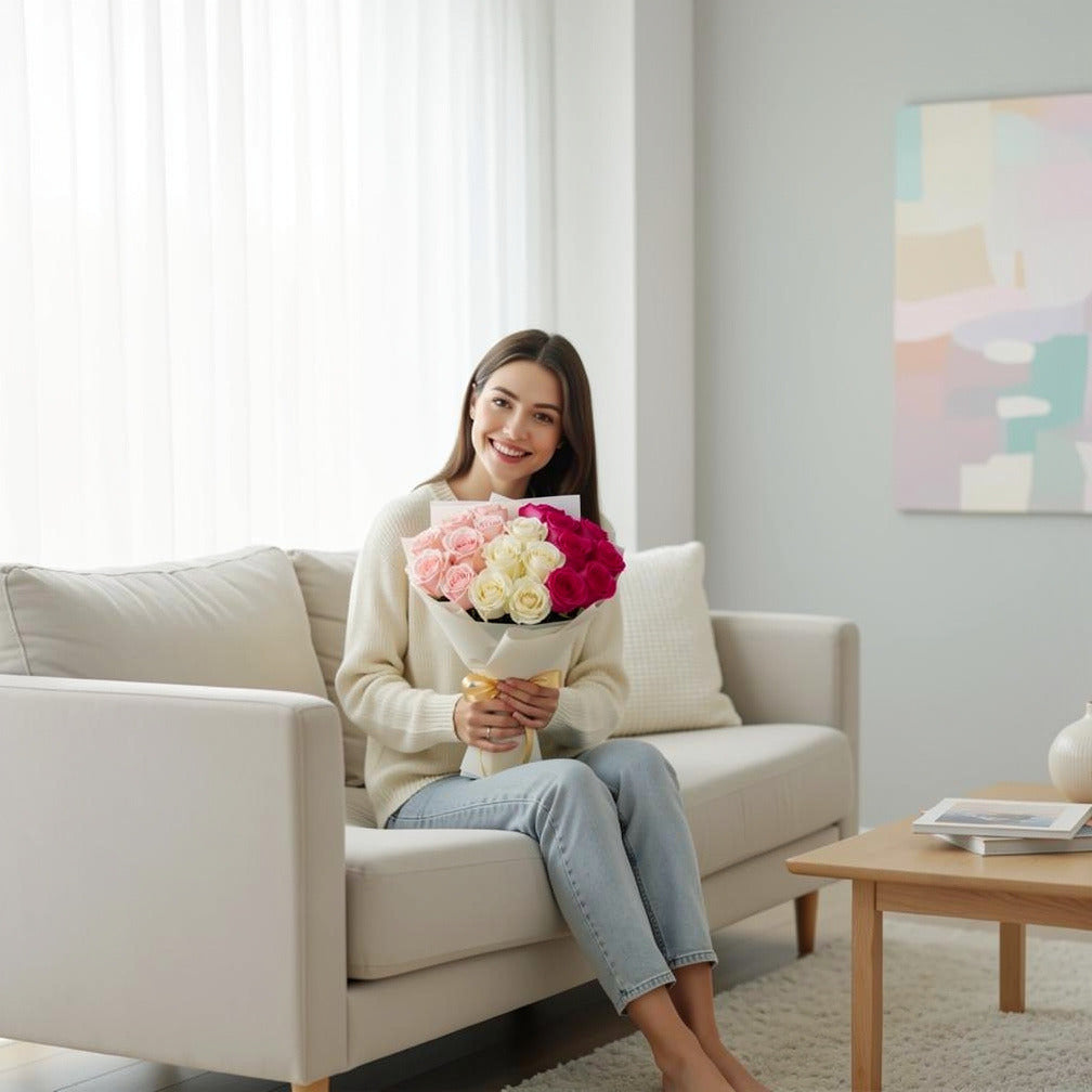 Pink & White Roses Graduation Bouquet held by a model, view 3