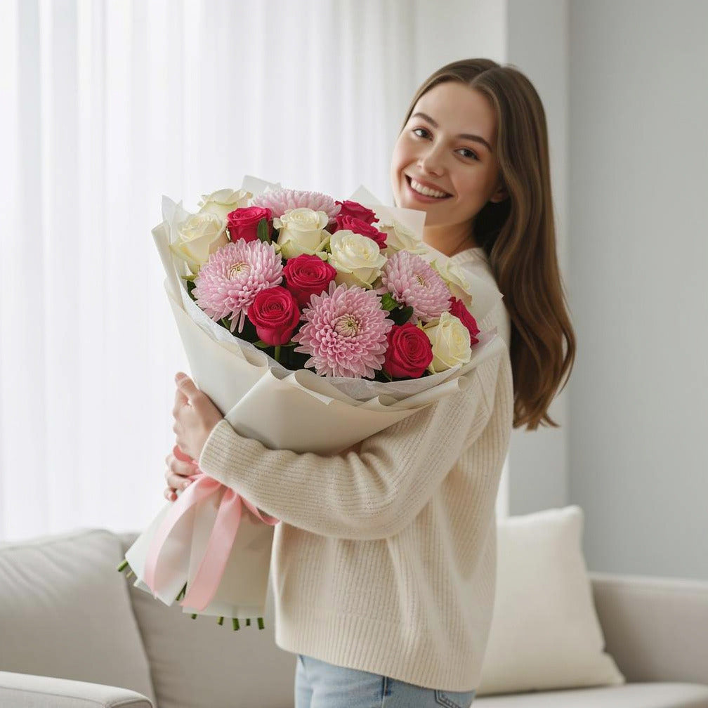Pink & White Roses with Chrysanthemum Bouquet held by a model, view 1