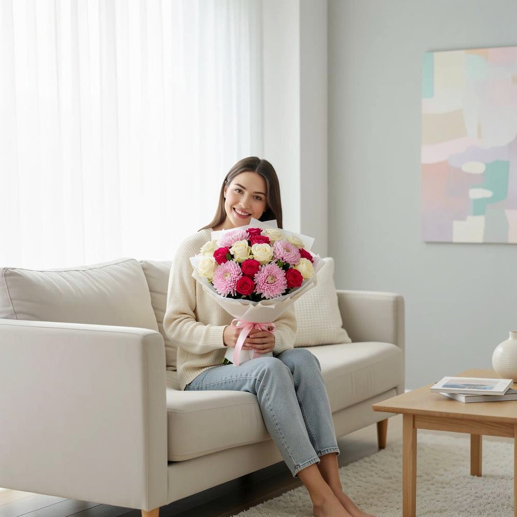 Pink & White Roses with Chrysanthemum Bouquet held by a model, view 3