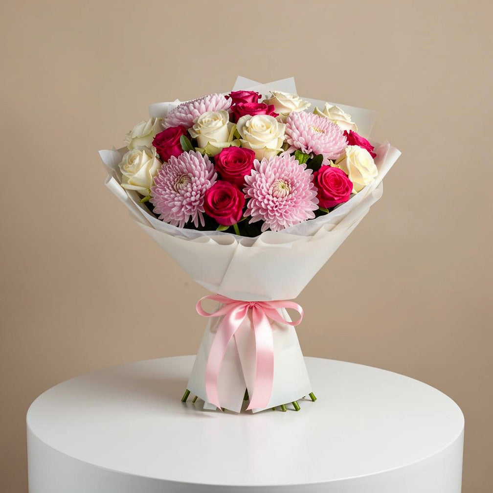 Pink & White Roses with Chrysanthemum Bouquet