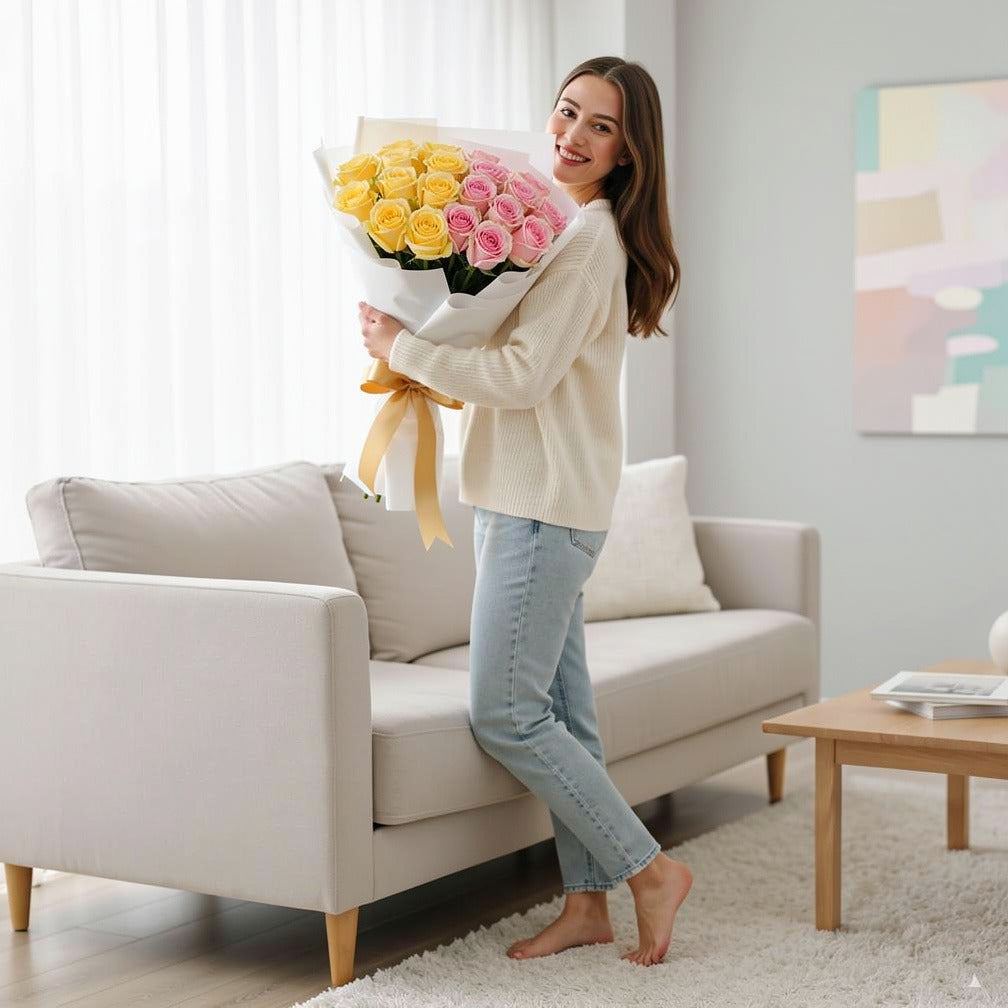 Pink & Yellow Roses Bouquet - Happiness Bouquet held by a model, view 2