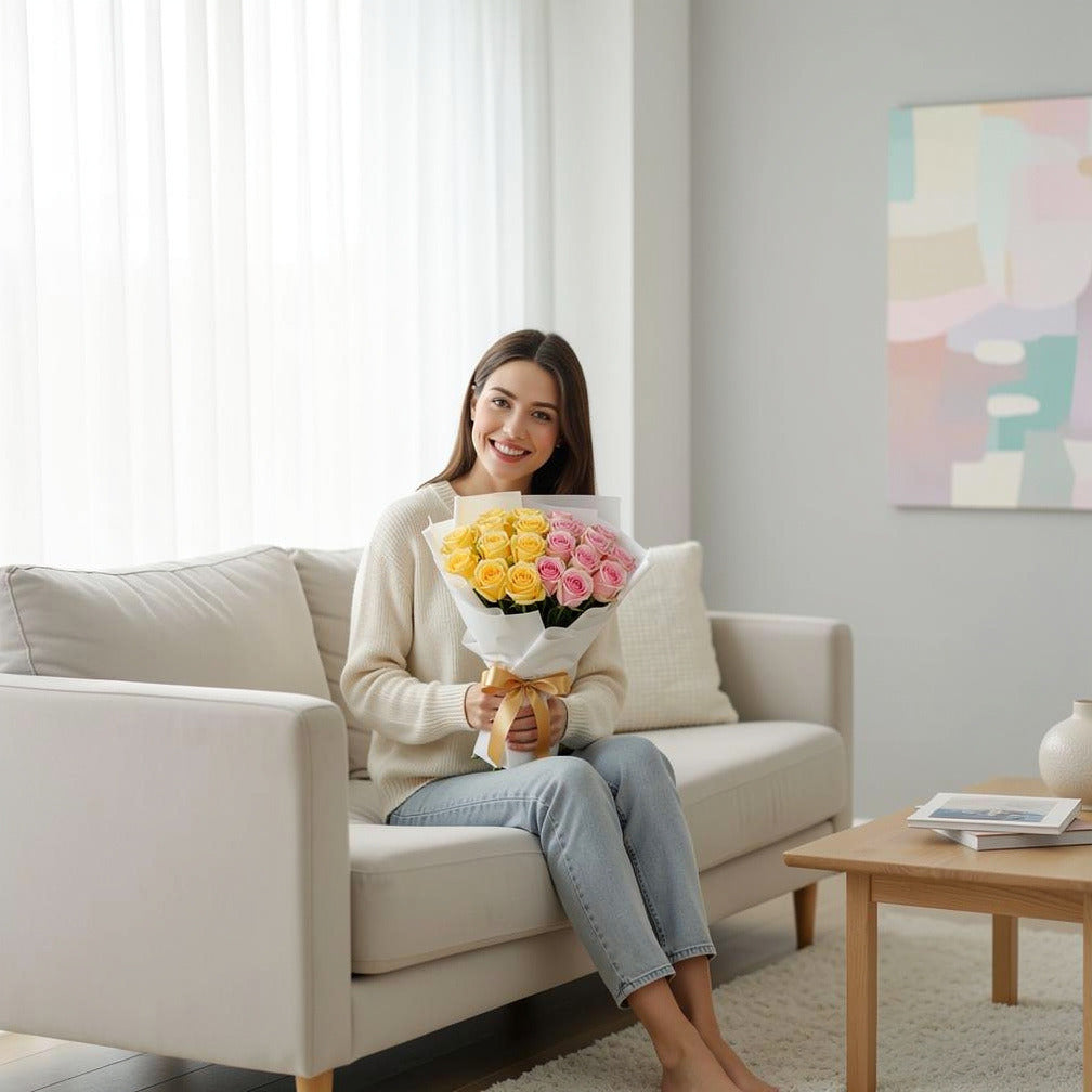 Pink & Yellow Roses Bouquet - Happiness Bouquet held by a model, view 3