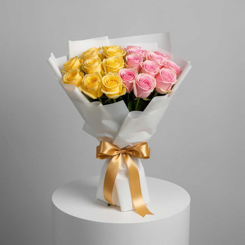 Pink & Yellow Roses Bouquet - Happiness Bouquet
