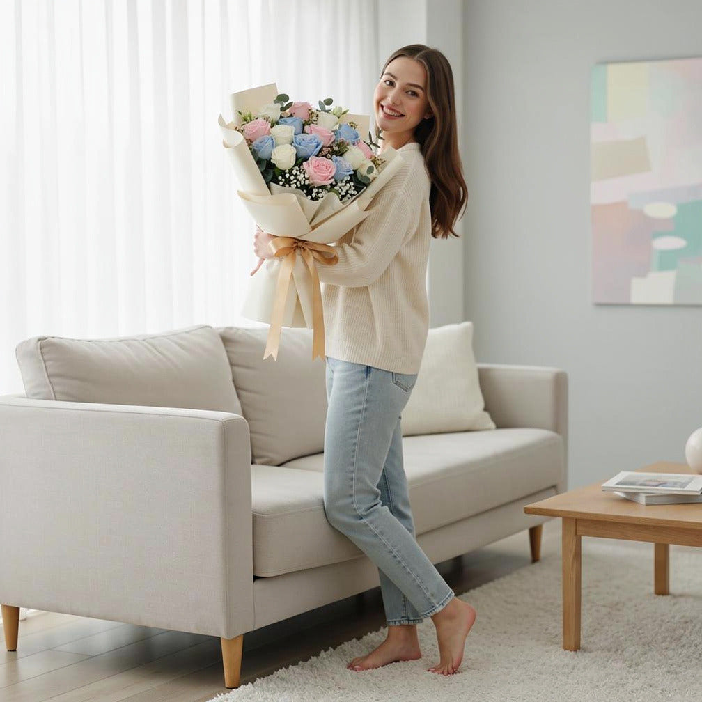 Premium Bouquet of 19 Pink, Blue & White Roses for Father’s Day held by a model, view 2
