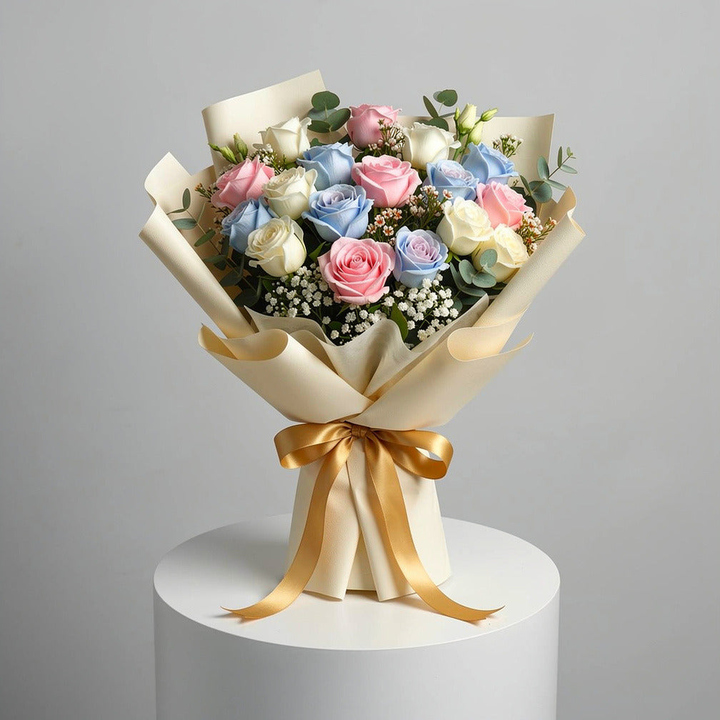 Premium Bouquet of 19 Pink, Blue & White Roses for Father’s Day