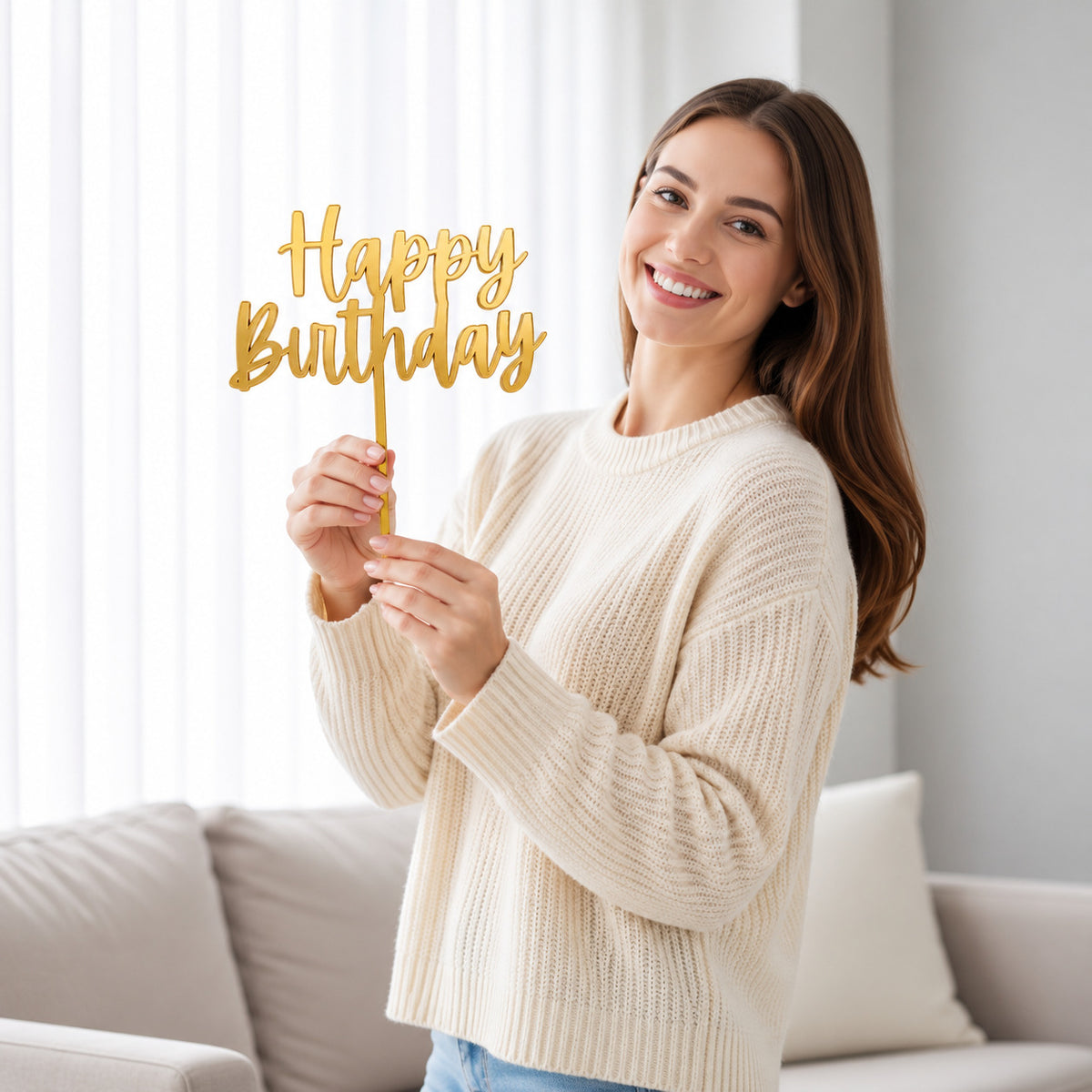 Premium Happy Birthday Cake Topper held by a model, view 1