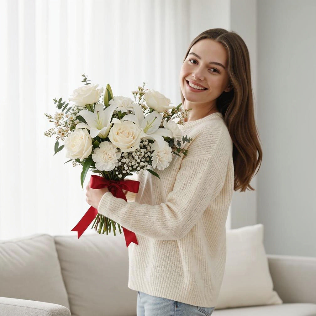 Pure Bridal Bouquet of White Roses, Carnations & Lilies held by a model, view 1