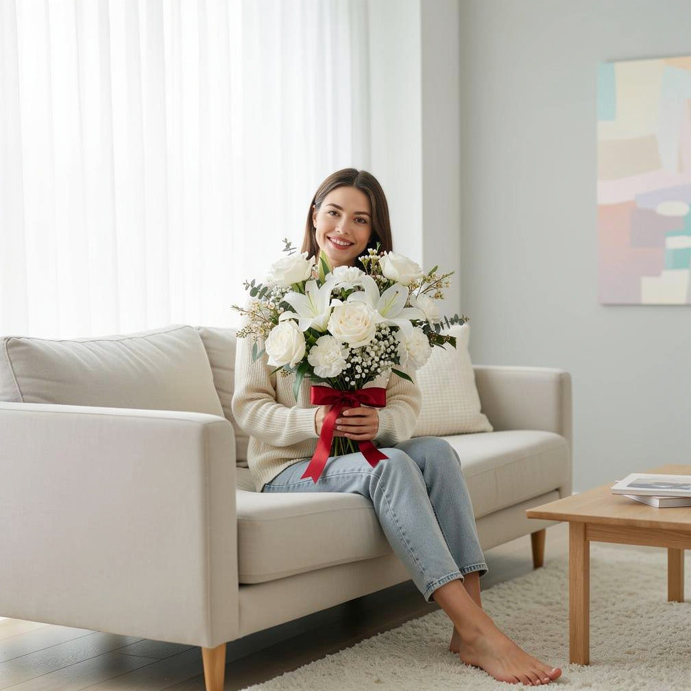 Pure Bridal Bouquet of White Roses, Carnations & Lilies held by a model, view 3