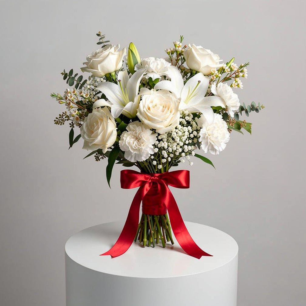 Pure Bridal Bouquet of White Roses, Carnations & Lilies