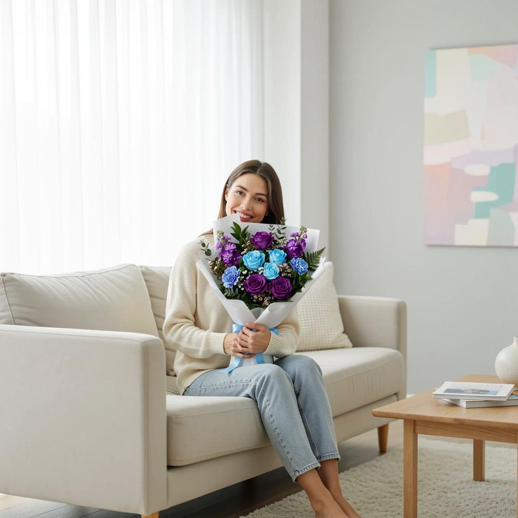 Purple & Blue Rose Bouquet held by a model, view 3