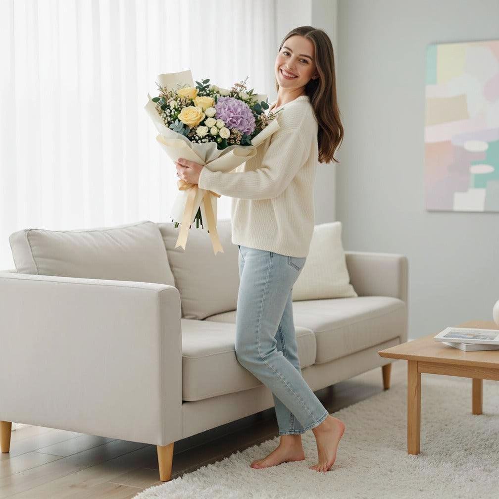 Purple Hydrangea & Yellow Rose Bouquet held by a model, view 2