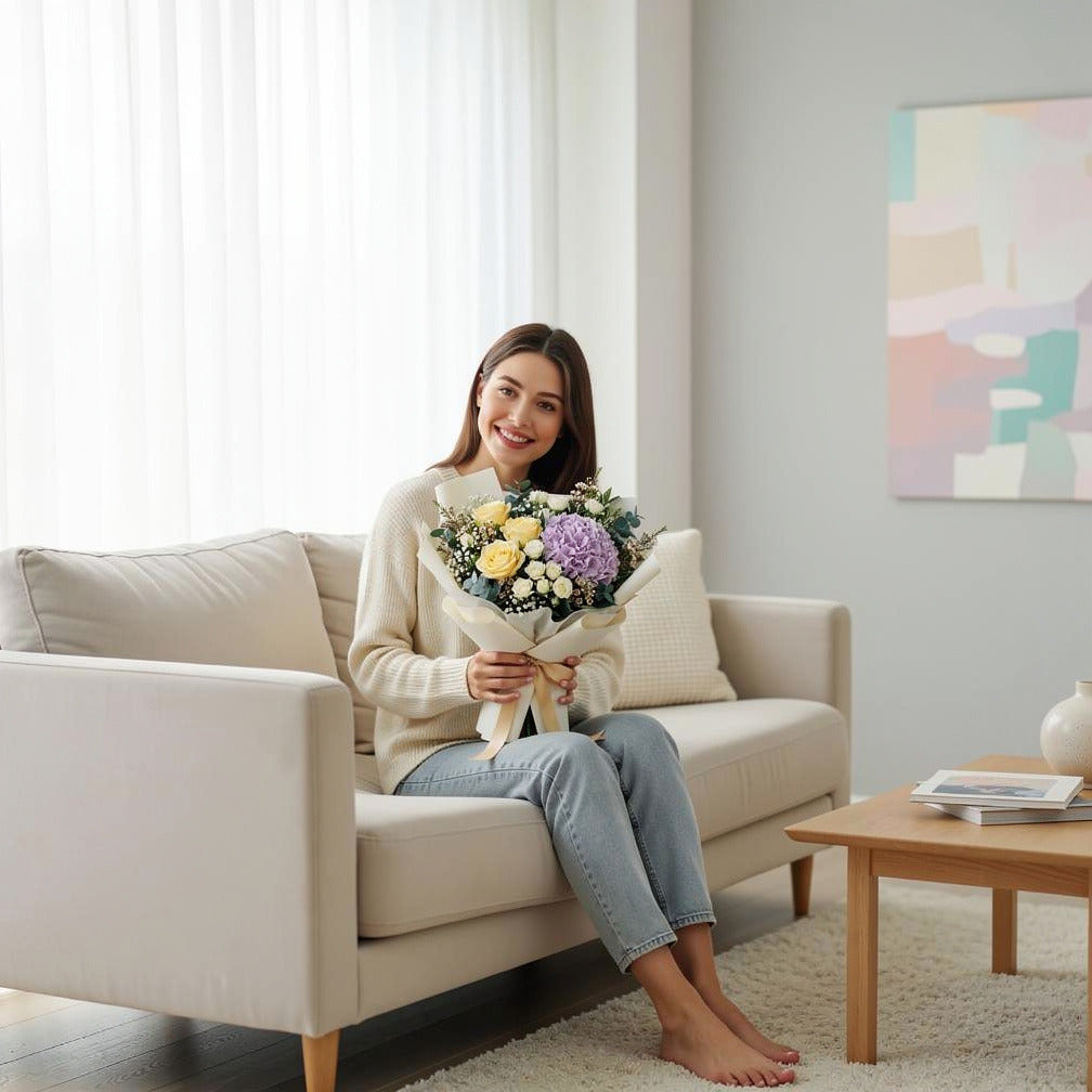 Purple Hydrangea & Yellow Rose Bouquet held by a model, view 3