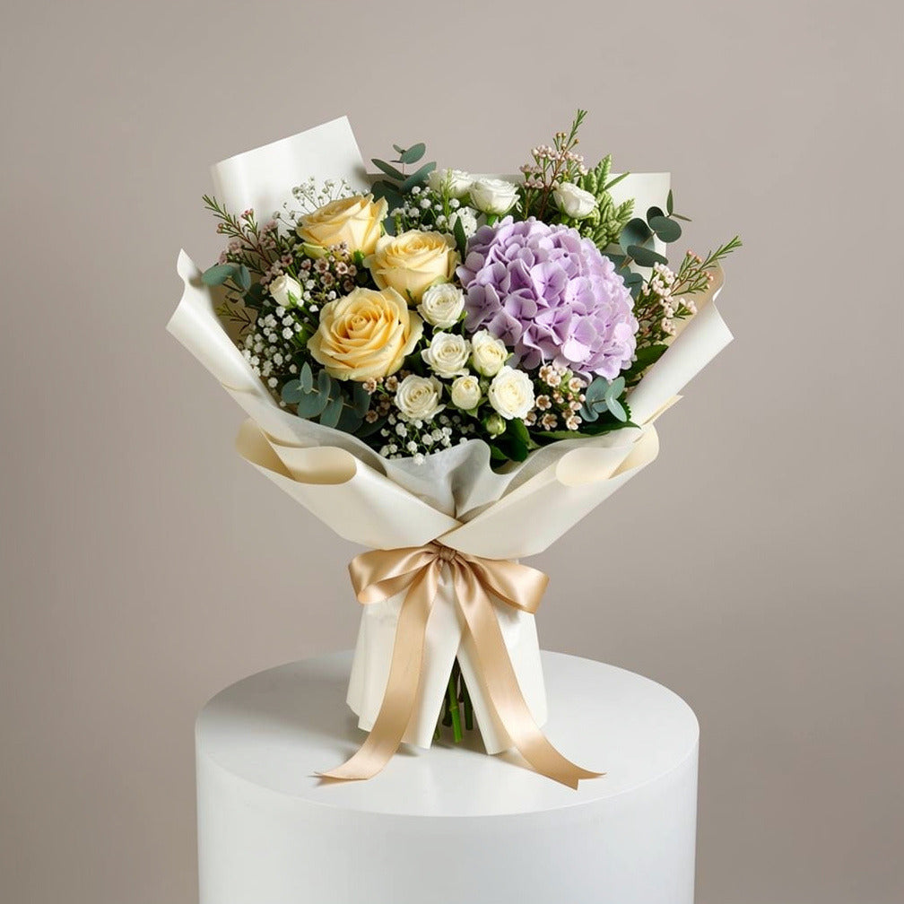 Purple Hydrangea & Yellow Rose Bouquet