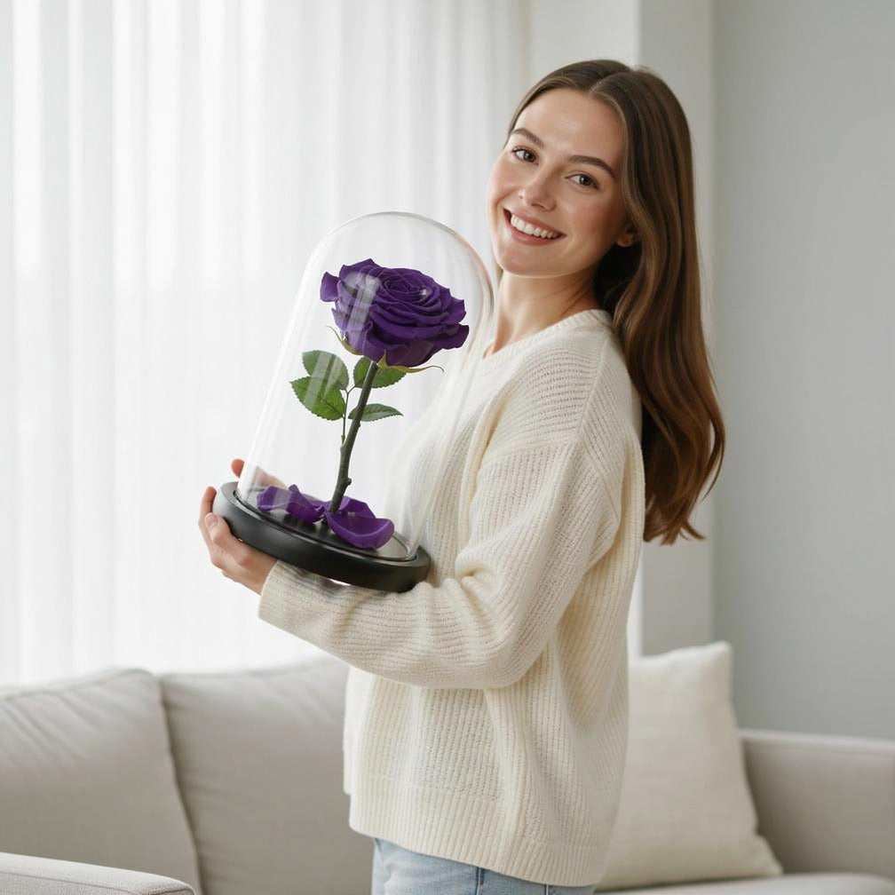 Purple Medium Preserved Rose held by a model, view 1