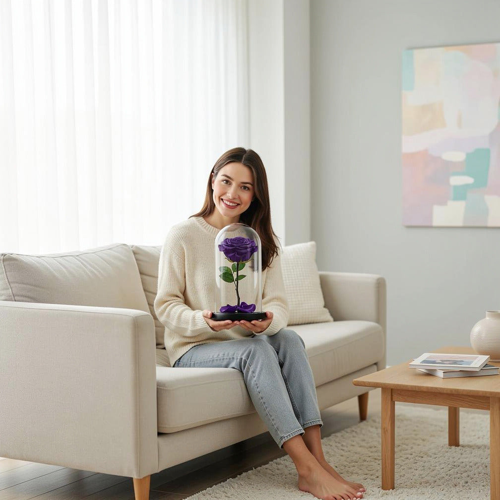 Purple Medium Preserved Rose held by a model, view 3