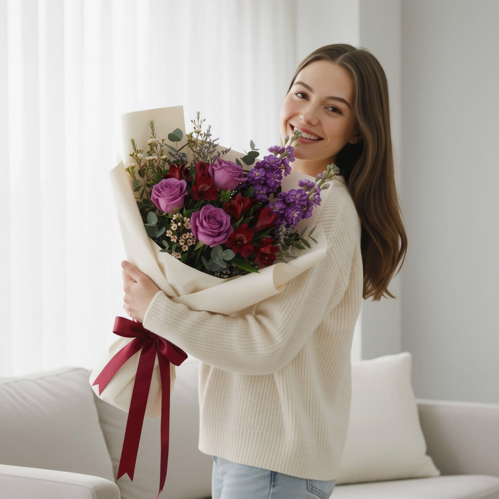 Purple Rose & Red Alstroemeria Bouquet held by a model, view 1