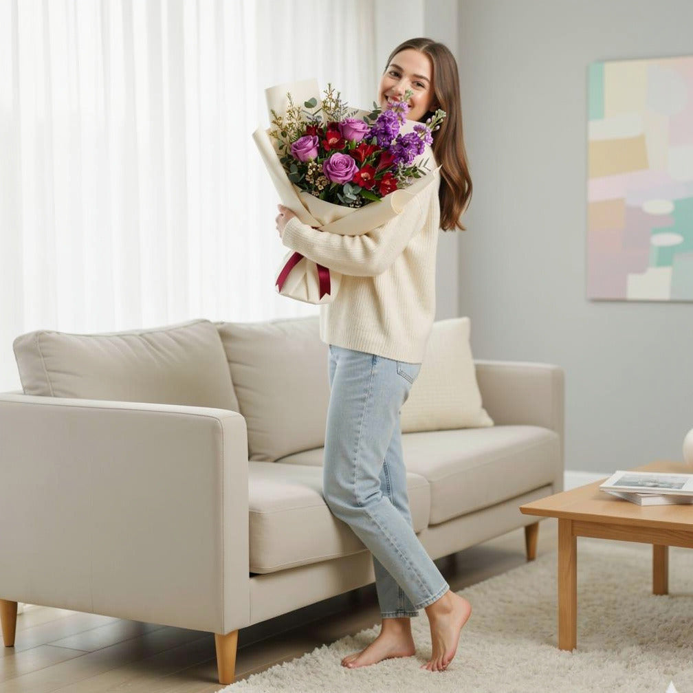 Purple Rose & Red Alstroemeria Bouquet held by a model, view 2
