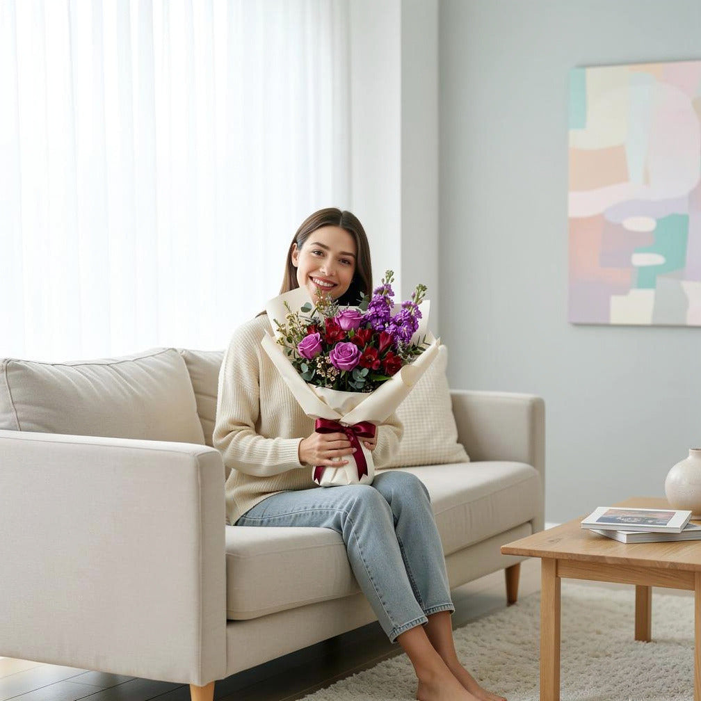 Purple Rose & Red Alstroemeria Bouquet held by a model, view 3